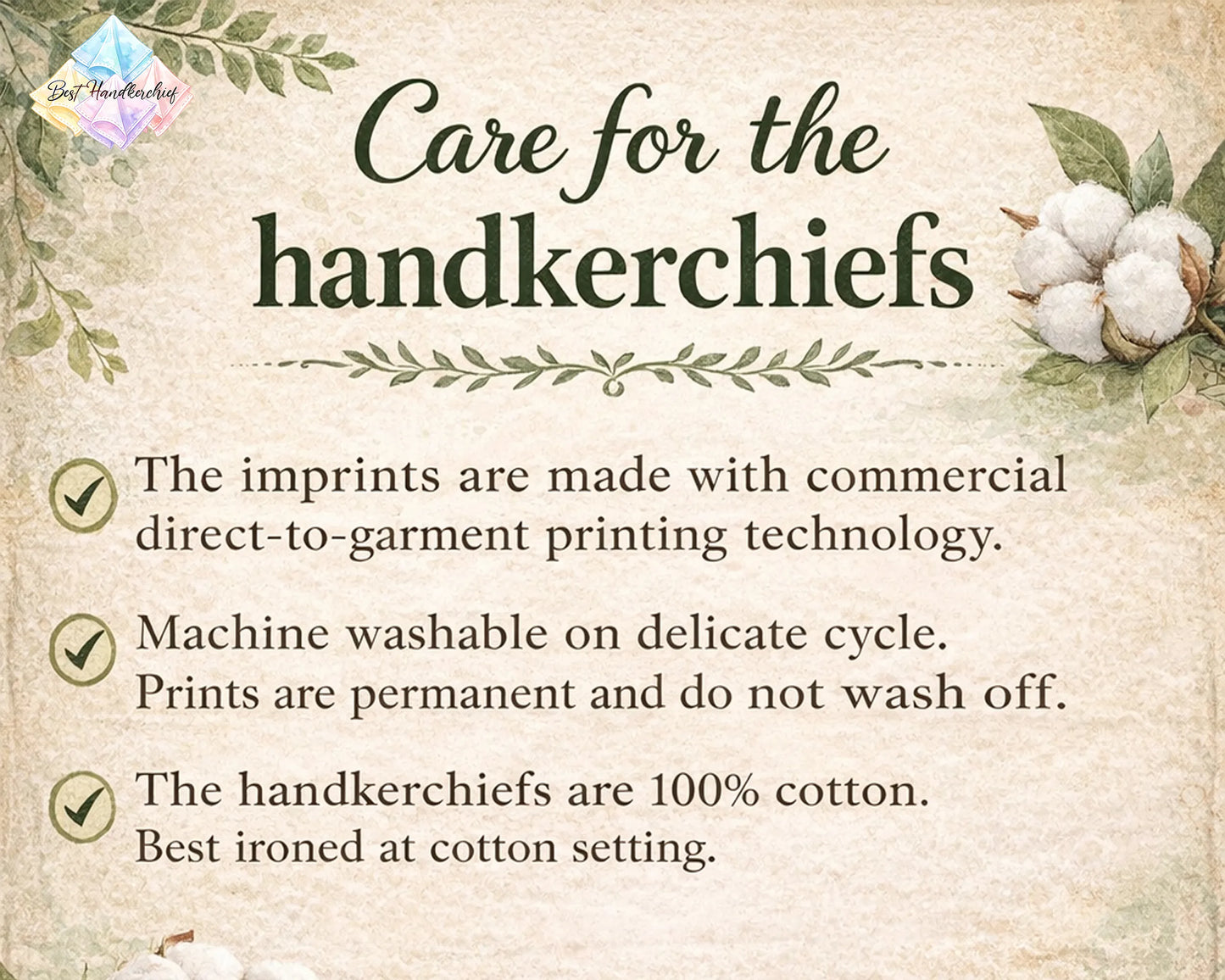 Care instructions for handkerchiefs on a decorative background with cotton and leaves.