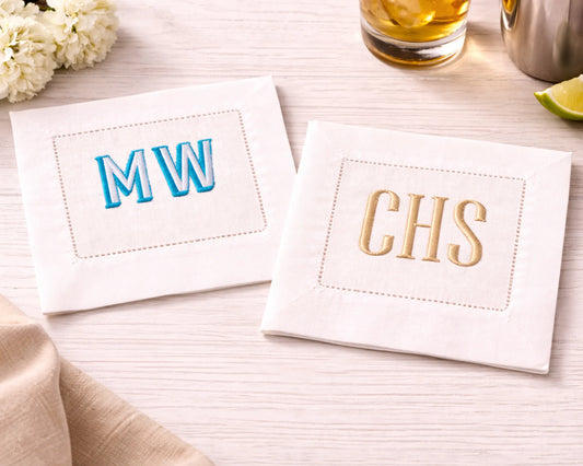 Personalized Cotton Cocktail Napkin Set of 4 Embroidered Monogram Design