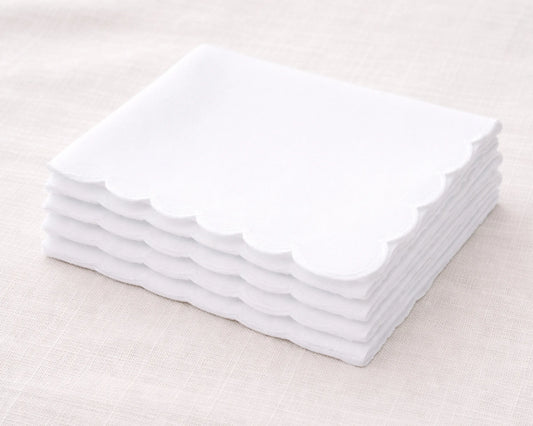 Mens White Cotton Handkerchief Bulk Set Scalloped Border Hankies