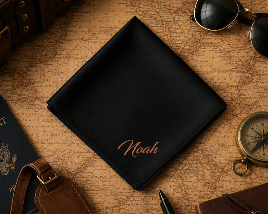 Black leather wallet with 'Noah' embroidery on an old map background