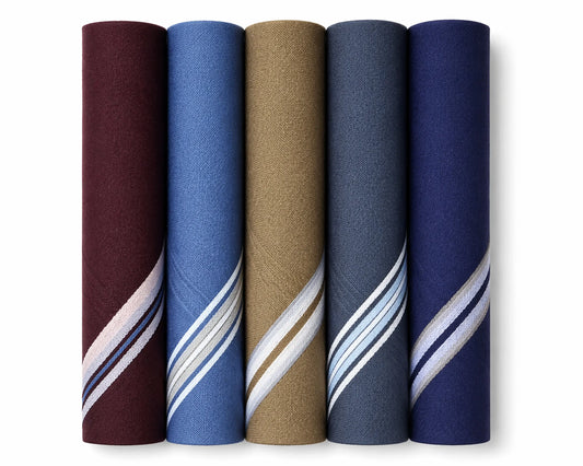 Five rolled-up hanky samples in different colors with striped patterns on a white background