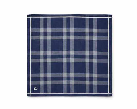 Navy blue and gray plaid pocket square on a white background