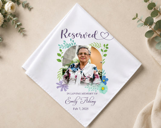 Reserved table hanky with photo and floral design on a beige background