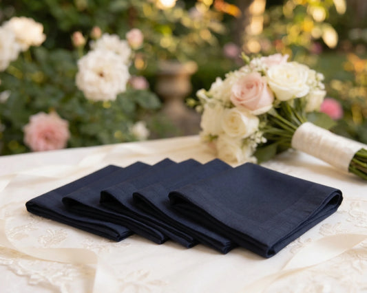 Set of folded black hanky on a table with flowers in the background