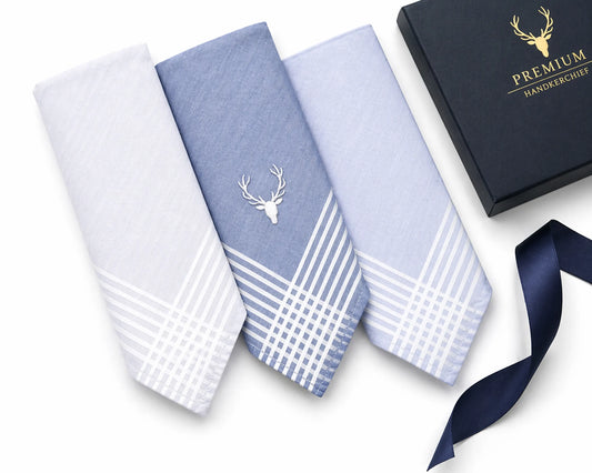Set of three patterned handkerchiefs with a box labeled 'Premium Handkerchief' on a white background.