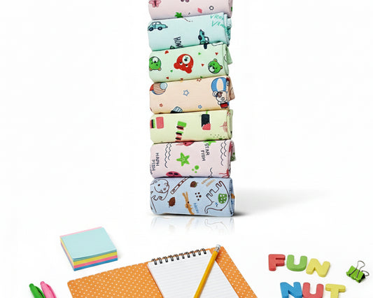 Stack of rolled childrens cotton handkerchiefs featuring various animal and nature patterns