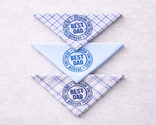 Three blue and white checkered hanky with 'Best Dad' text on a light gray background