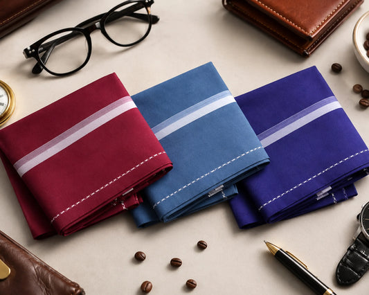 Three pocket squares in red, blue, and purple with white stripes on a surface with accessories.