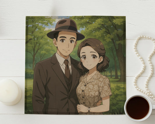 Illustration of a couple in formal attire standing in a park, with a cup of coffee and pearl necklace on a white surface.