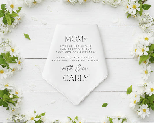 Scalloped edge wedding handkerchief with a lush green eucalyptus wreath design and custom scripted tribute.