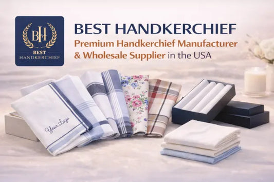 premium handkerchief collection with assorted folded designs and gift boxes showcasing best handkerchief manufacturer and wholesale supplier branding in the USA