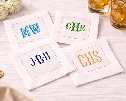 Personalized Cotton Cocktail Napkin Set of 4 Embroidered Monogram Design