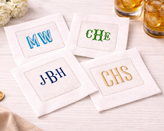 Personalized Cotton Cocktail Napkin Set of 4 Embroidered Monogram Design