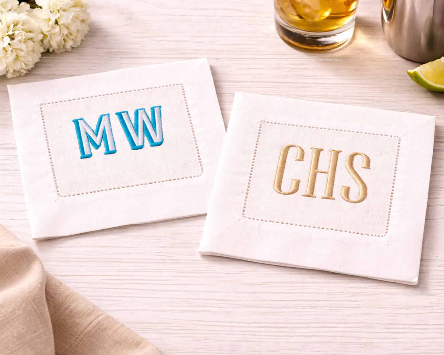 Personalized Cotton Cocktail Napkin Set of 4 Embroidered Monogram Design
