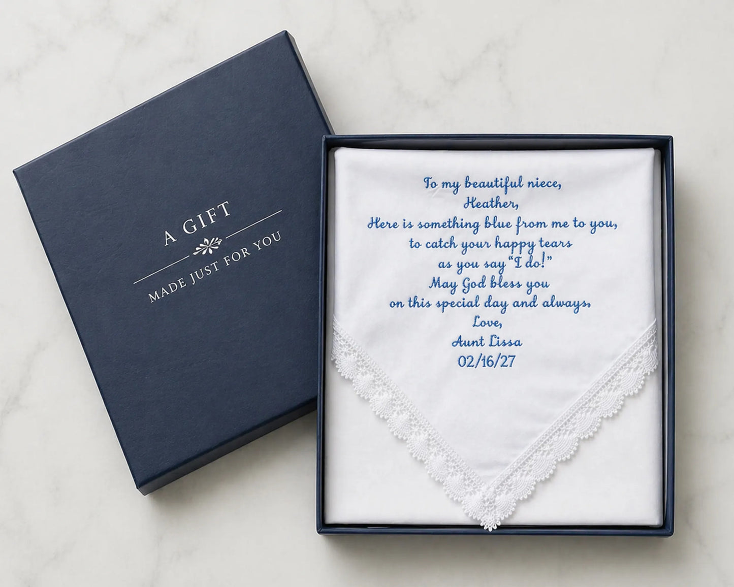 Personalized Wedding Handkerchief for Aunt Embroidered Lace Hanky Gift