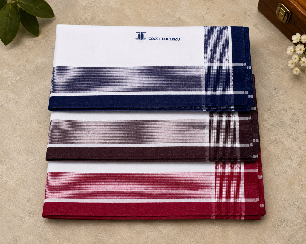 Premium Men’s Cotton Handkerchiefs – White Hankies with Colour Borders, Pack of 6