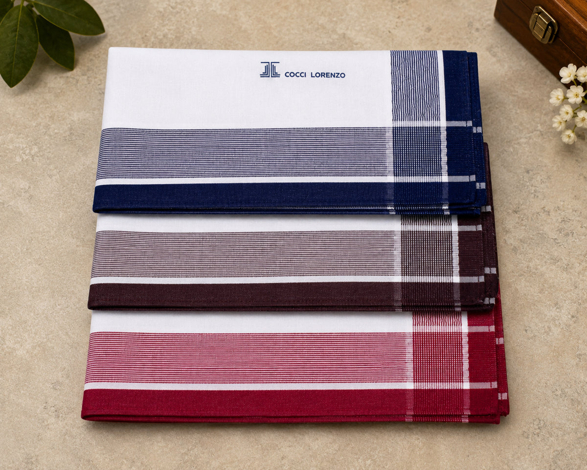 Premium Men’s Cotton Handkerchiefs – White Hankies with Colour Borders, Pack of 6