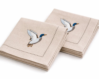 Set of 4 Cotton Dinner Napkins Embroidered Bird Design