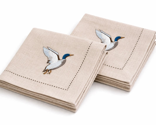 Set of 4 Cotton Dinner Napkins Embroidered Bird Design
