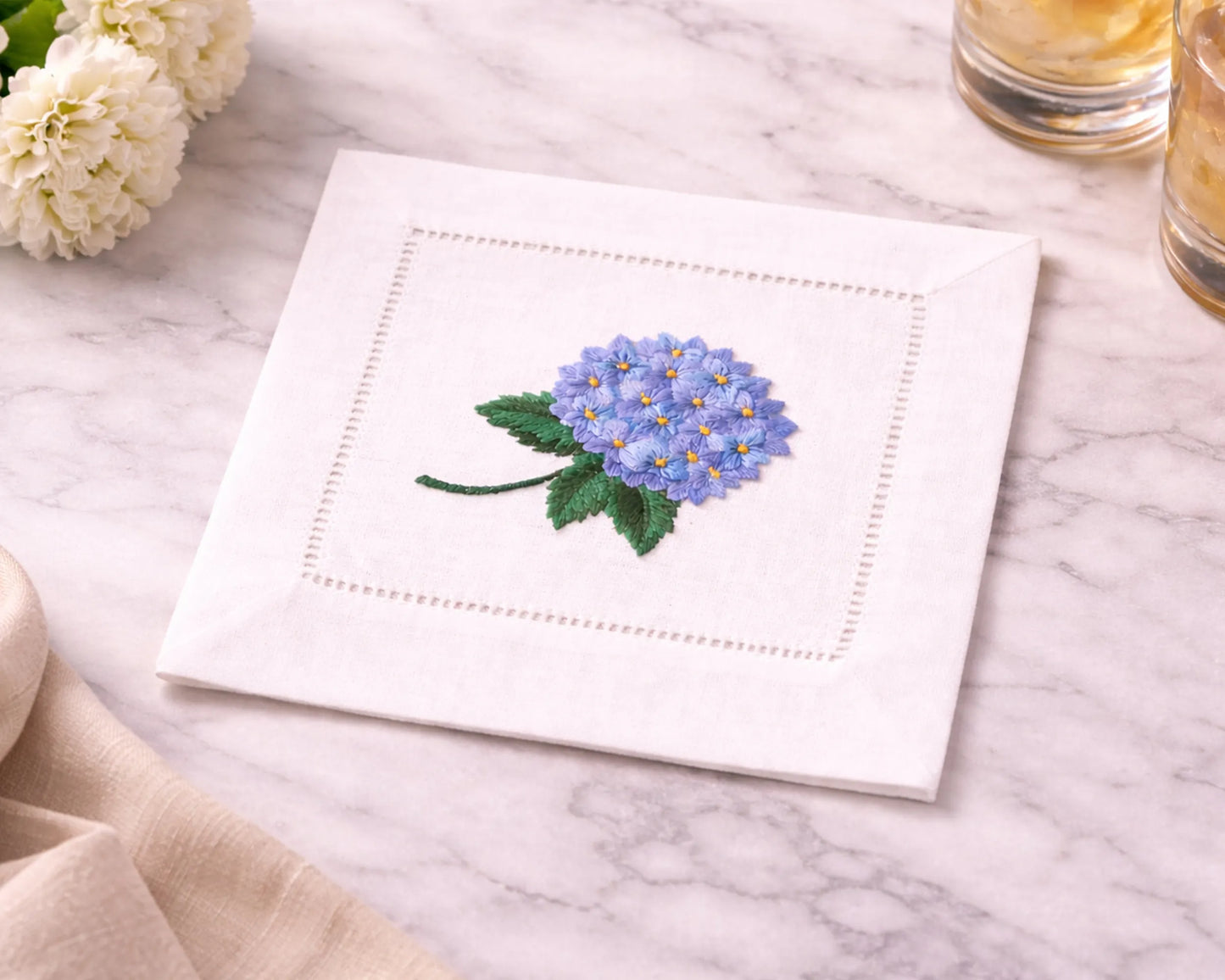 Cotton Cocktail Napkin Set of 4 Embroidered Floral Design