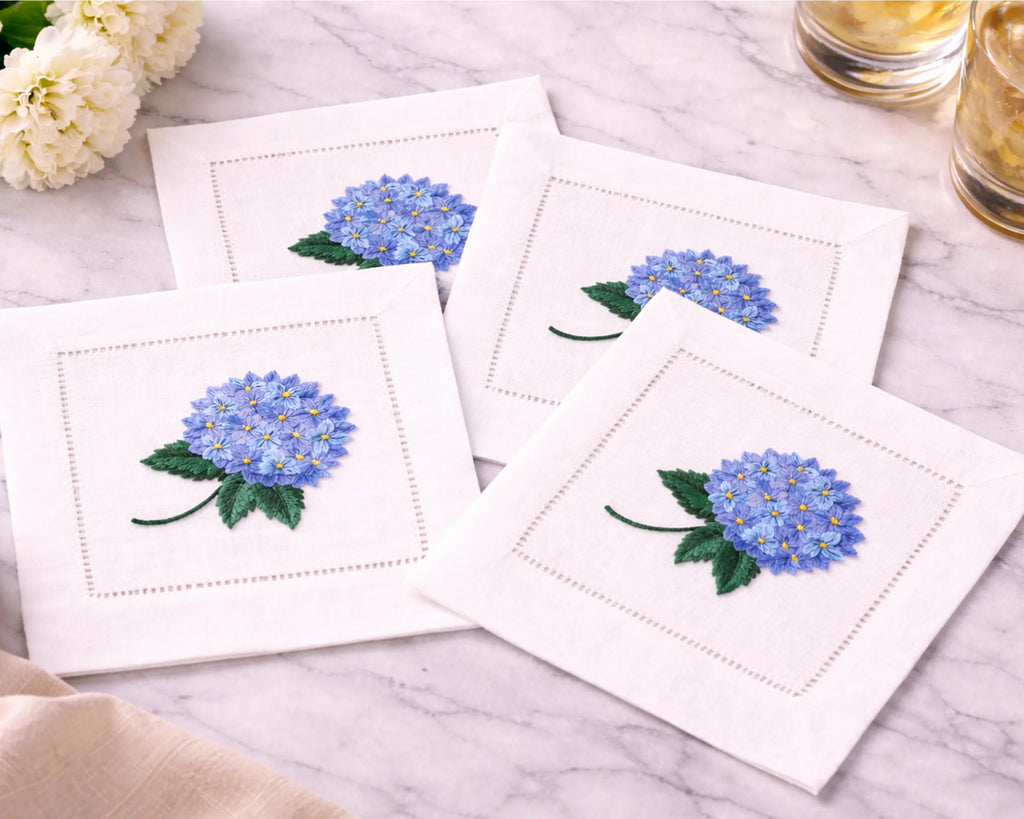 Cotton Cocktail Napkin Set of 4 Embroidered Floral Design