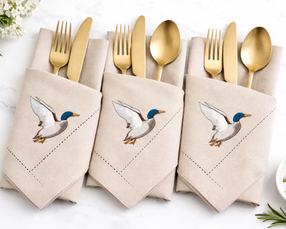 Set of 4 Cotton Dinner Napkins Embroidered Bird Design