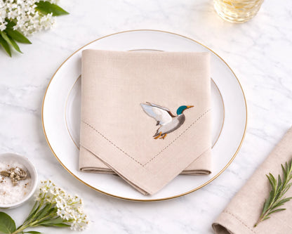 Set of 4 Cotton Dinner Napkins Embroidered Bird Design
