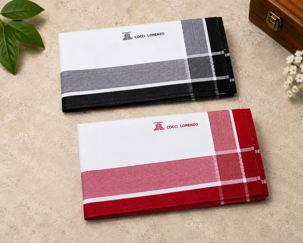 Premium Men’s Cotton Handkerchiefs – White Hankies with Colour Borders, Pack of 6