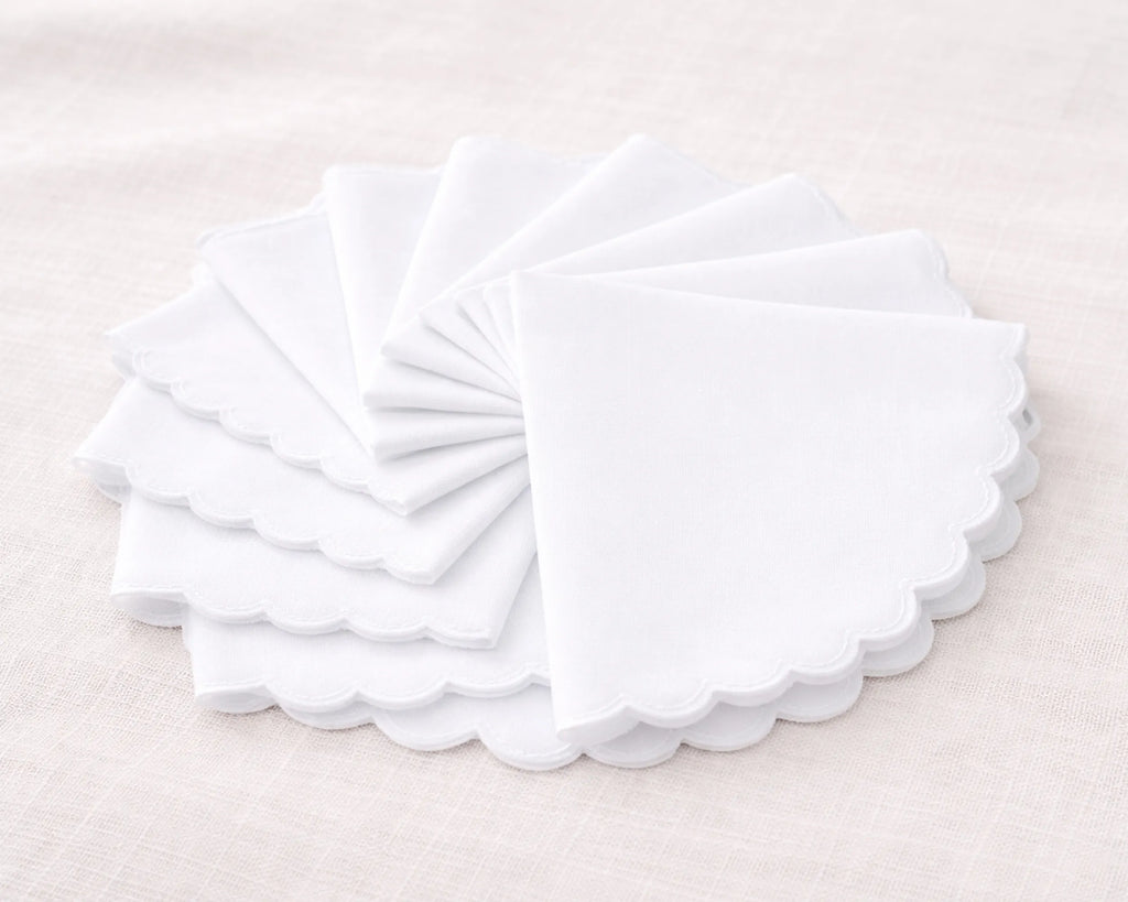 Mens White Cotton Handkerchief Bulk Set Scalloped Border Hankies