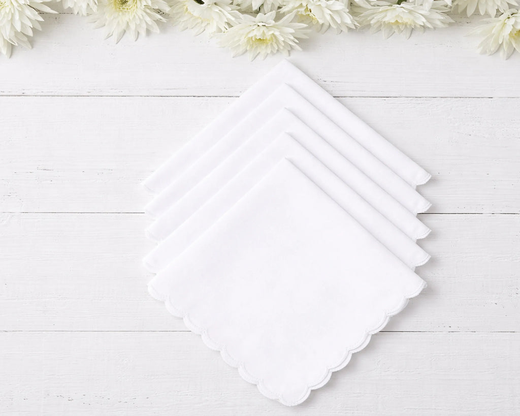 Wholesale White Scalloped Edge Cotton Plain Handkerchief Bulk Set