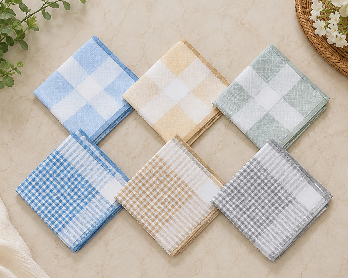 Set of 6 Cotton Handkerchiefs for Men – Soft Checkered Pocket Hankies for Everyday Use
