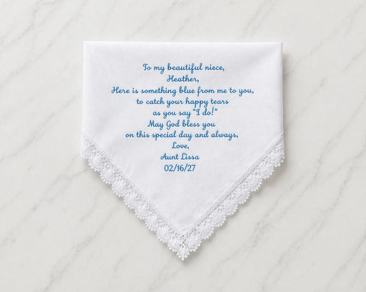 Personalized Wedding Handkerchief for Aunt Embroidered Lace Hanky Gift