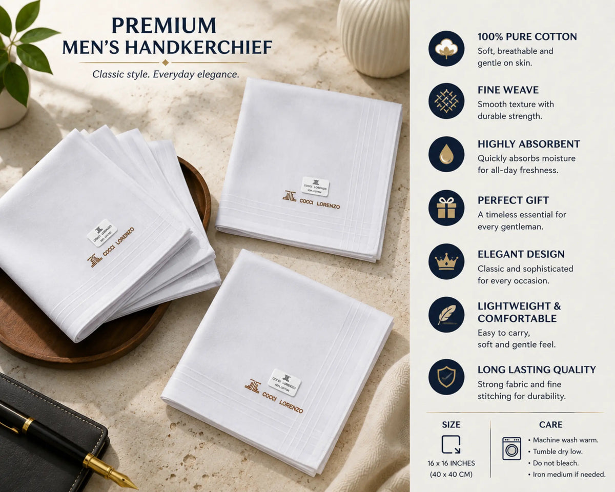 Premium Men’s White Cotton Handkerchiefs – Pack of 6