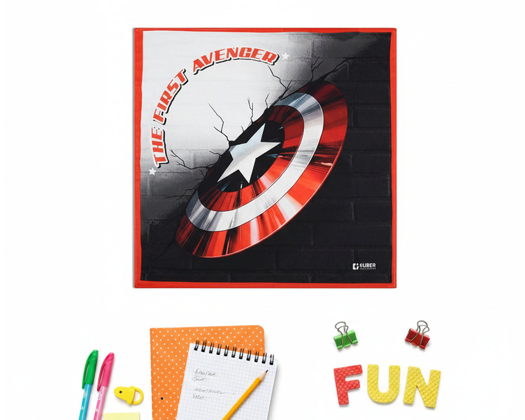 Vibrant red and black kids handkerchief with star shield design made in the usa