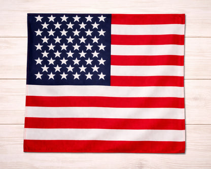 American flag bandana on a wooden surface