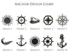 Anchor design chart with ten black anchor illustrations on a white background