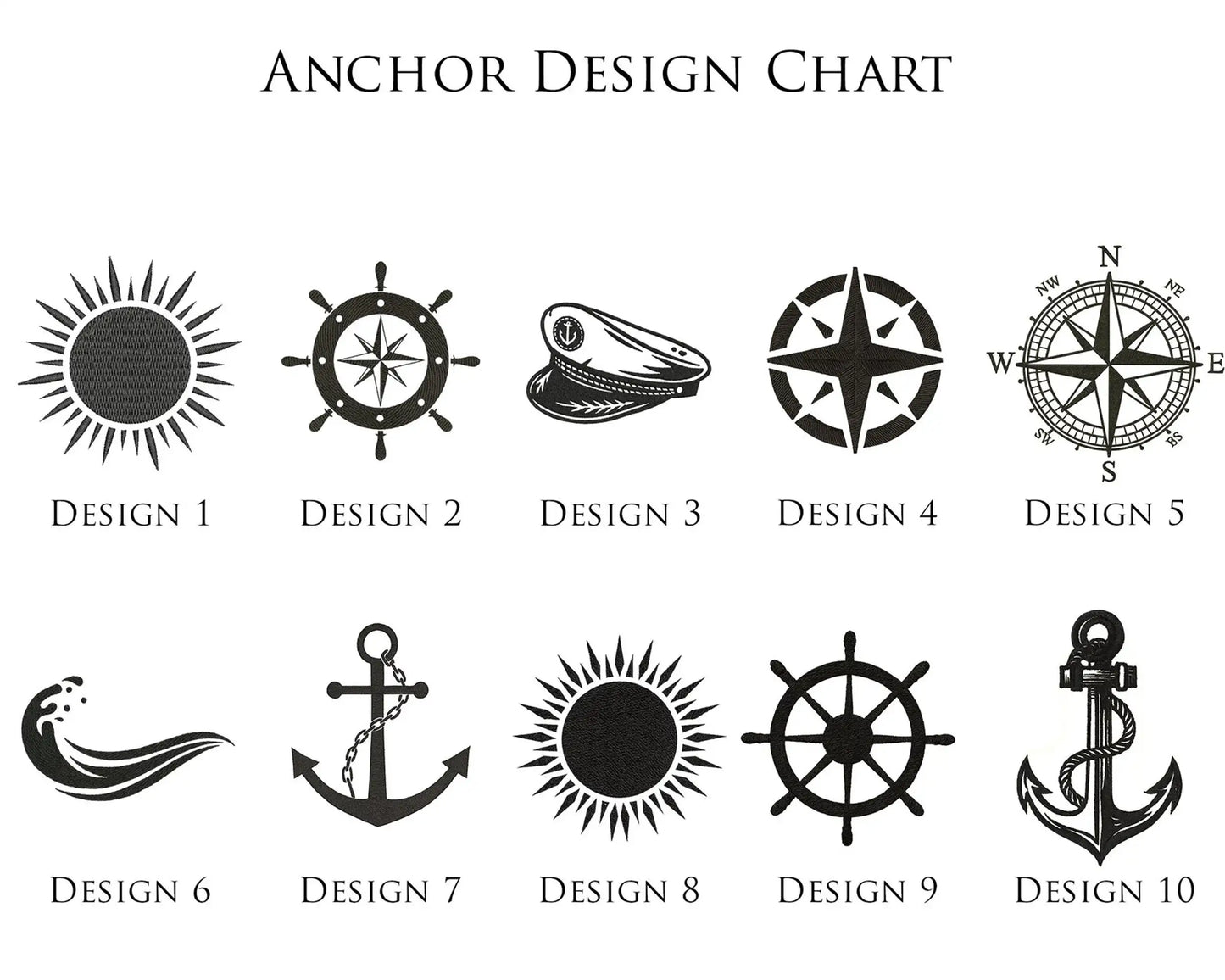 Anchor design chart with ten black anchor illustrations on a white background
