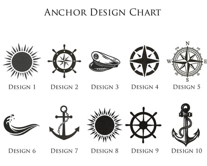 Anchor design chart with ten black anchor illustrations on a white background