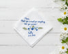 White cotton handkerchief featuring blue floral vine embroidery and a personalized thank you message for mom