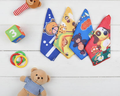 Stacked group of colorful youth handkerchiefs with various cartoon animal designs