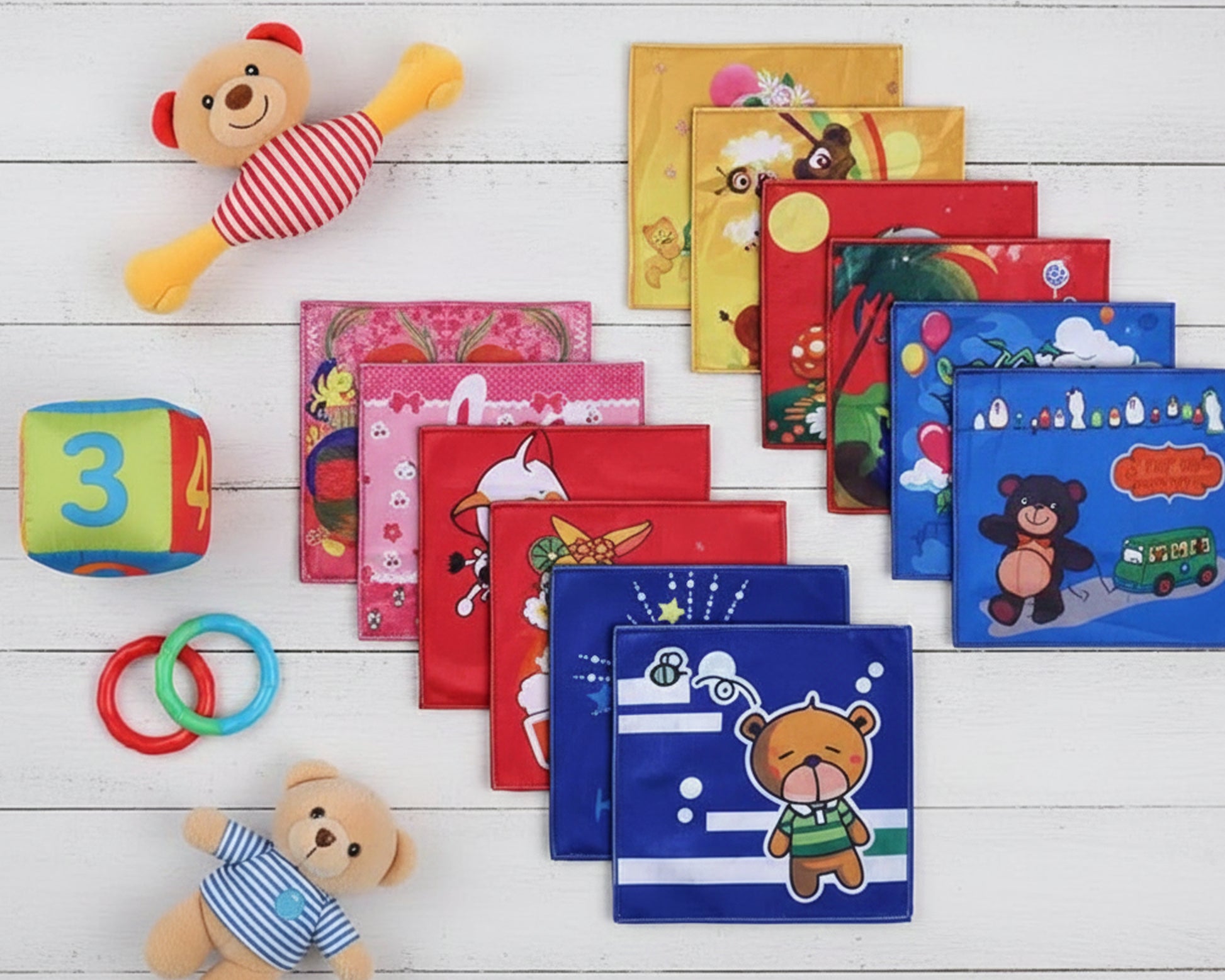 Lined up colorful youth handkerchiefs with various playful animated animal designs