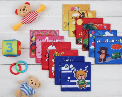 Lined up colorful youth handkerchiefs with various playful animated animal designs