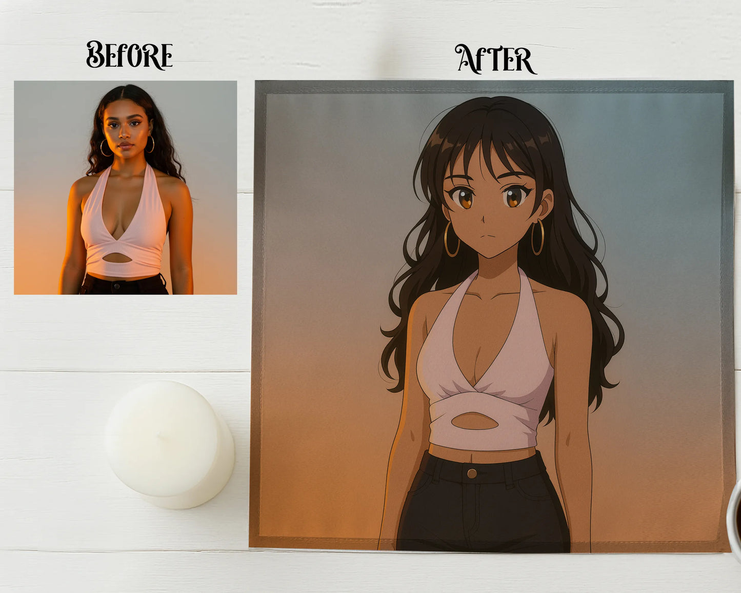 Before and after comparison of a person with an animated version on a white background.