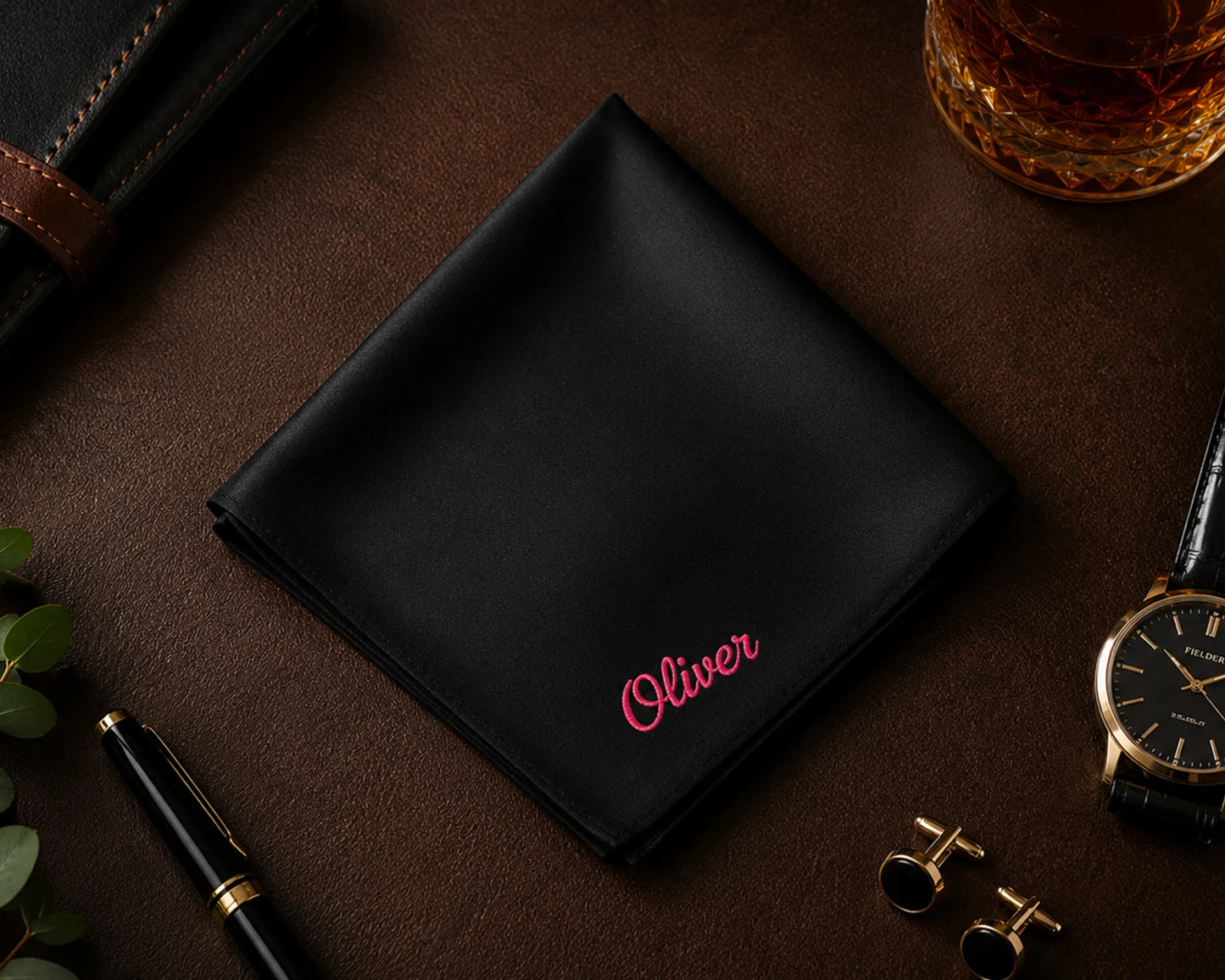 Black cotton hanky with 'Oliver' embroidery on a dark surface with accessories.