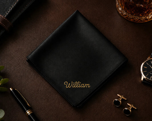 Black cotton hanky with 'William' embroidery on a dark surface with accessories.
