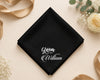 Black hanky with 'Groom William' text on a decorative background with flowers and ribbons.