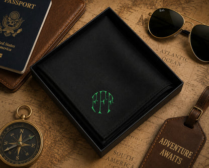 Black wallet with green monogram on a world map background with passport, sunglasses, and compass.