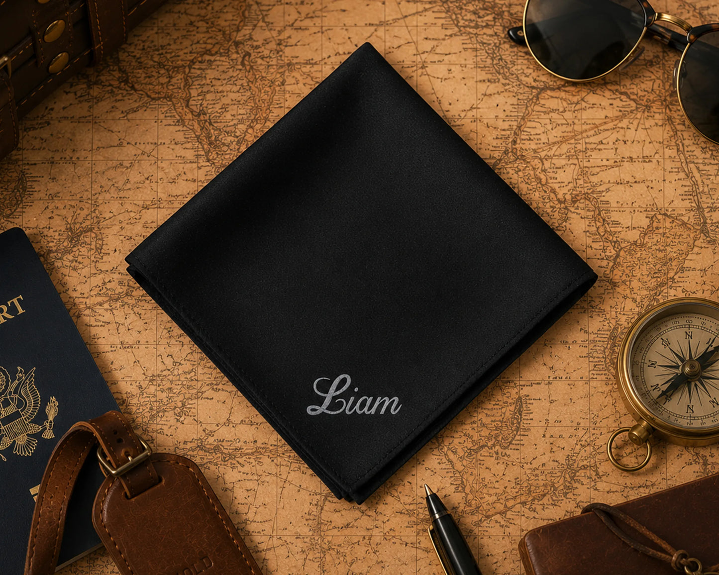 Black hanky with 'Liam' embroidery on a vintage map with travel items.