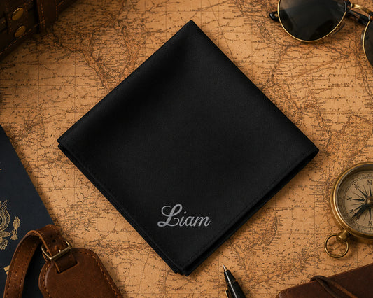 Black pocket square with 'Liam' embroidery on a vintage map background