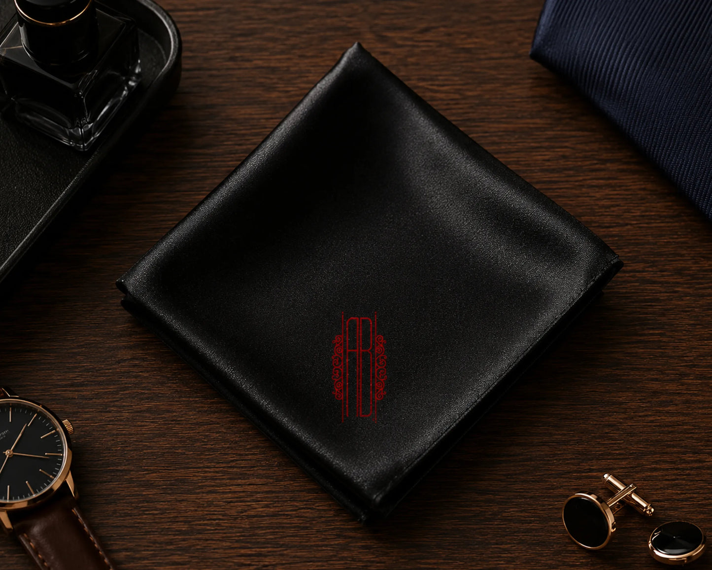 Black pocket square with a red monogram on a wooden surface with accessories.
